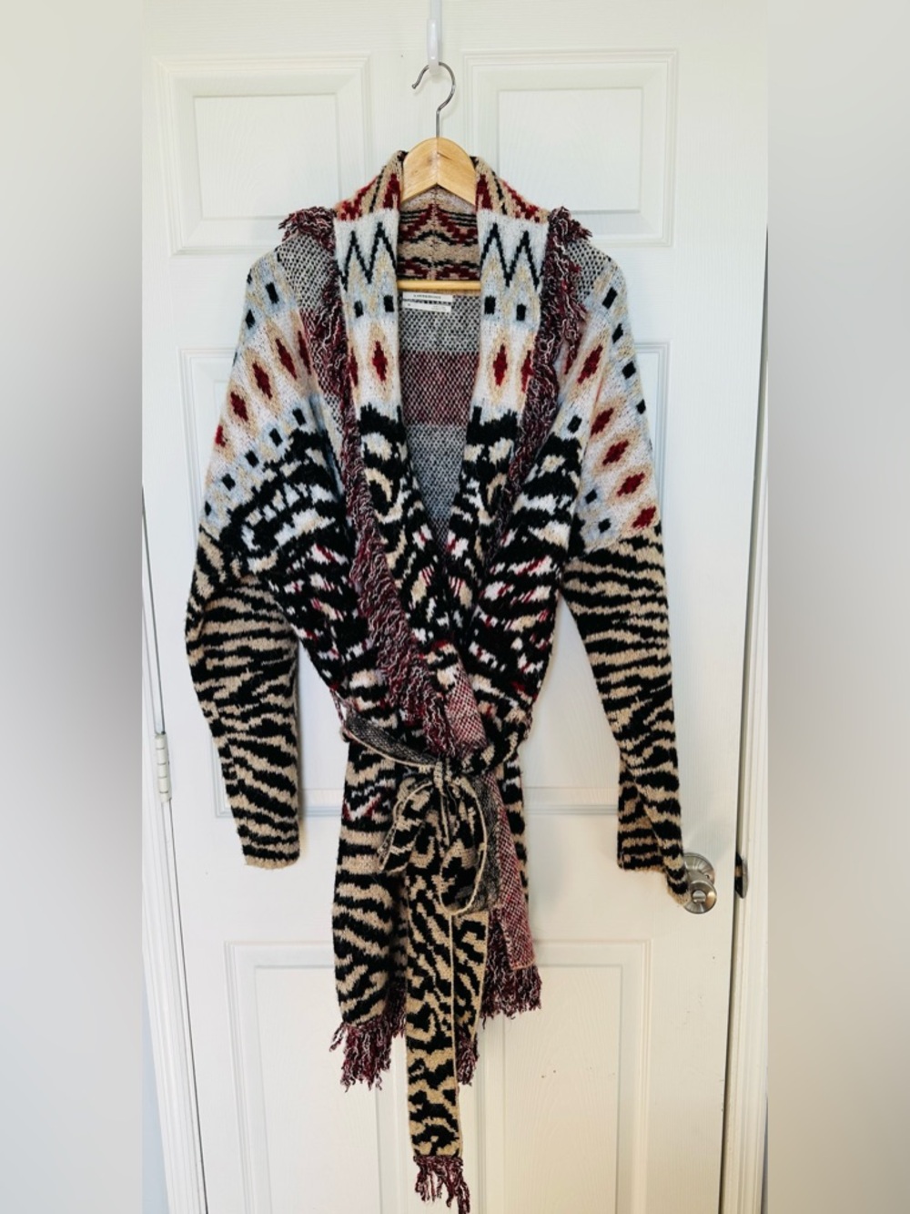 Anthropologie Multicolor Patterned Fringe Wrap Cardigan